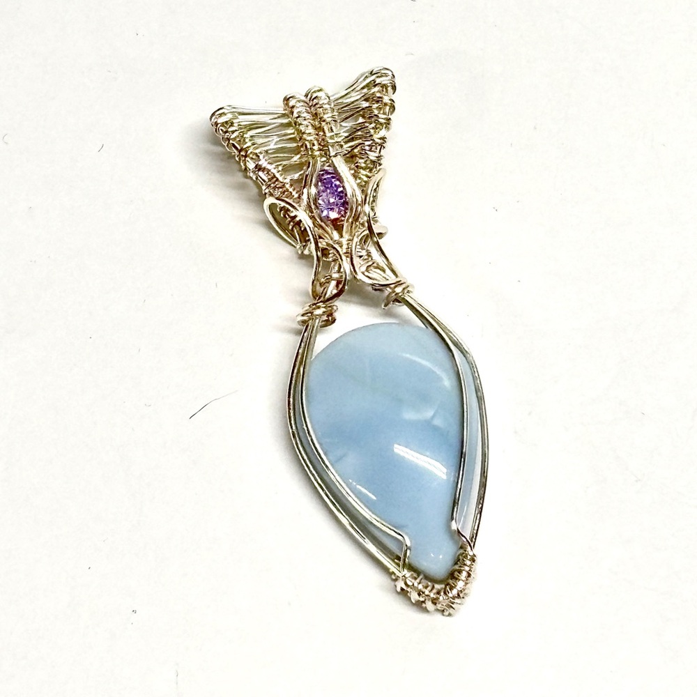 HANDMADE Blue Opal Cubic Zirconia Hand Wrapped Silver Plated Copper Pendant